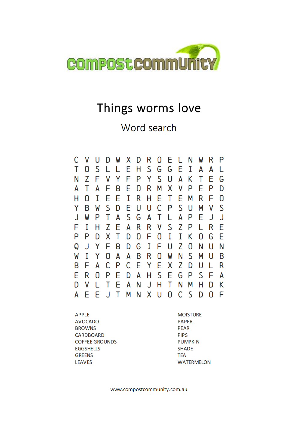 Activity sheets for kids - Word Search - Worm food